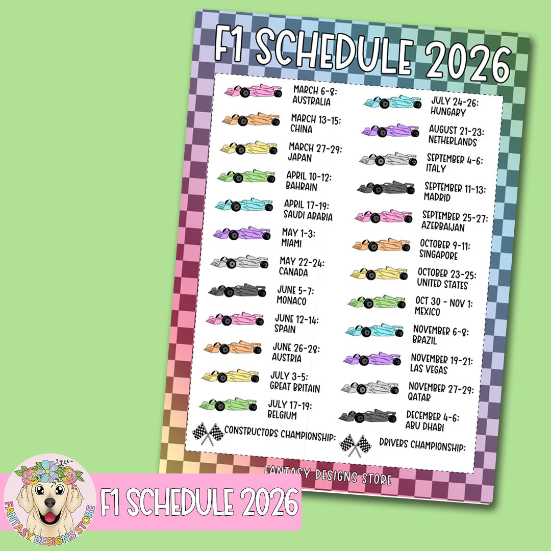 F1 2026 schedule -  5x7" or 7x9" Sticker