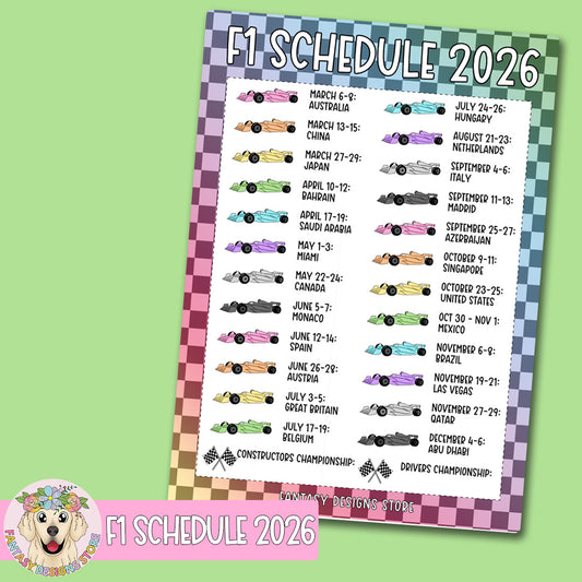 F1 2026 schedule -  5x7" or 7x9" Sticker